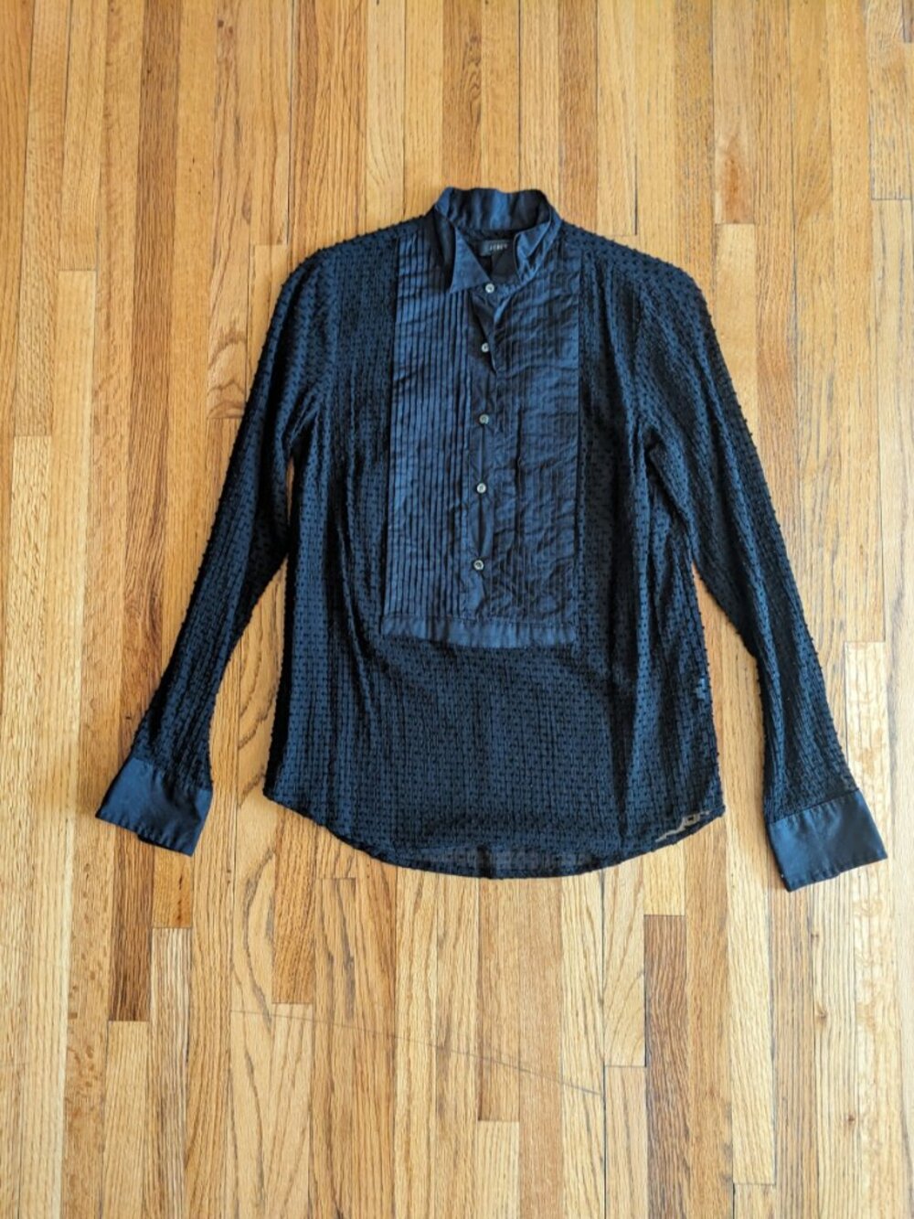 J. Crew Black Tuxedo Style Blouse with a swiss dot pattern